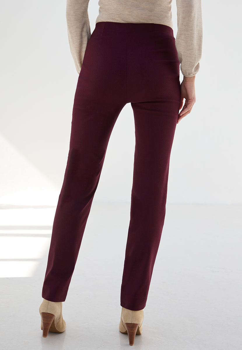 Chloe Easy Fit Slim Leg Trouser - Dark Berry Deep Red Stretch Waist 27 Inch Leg Faux Fly Stitch Detail Back View