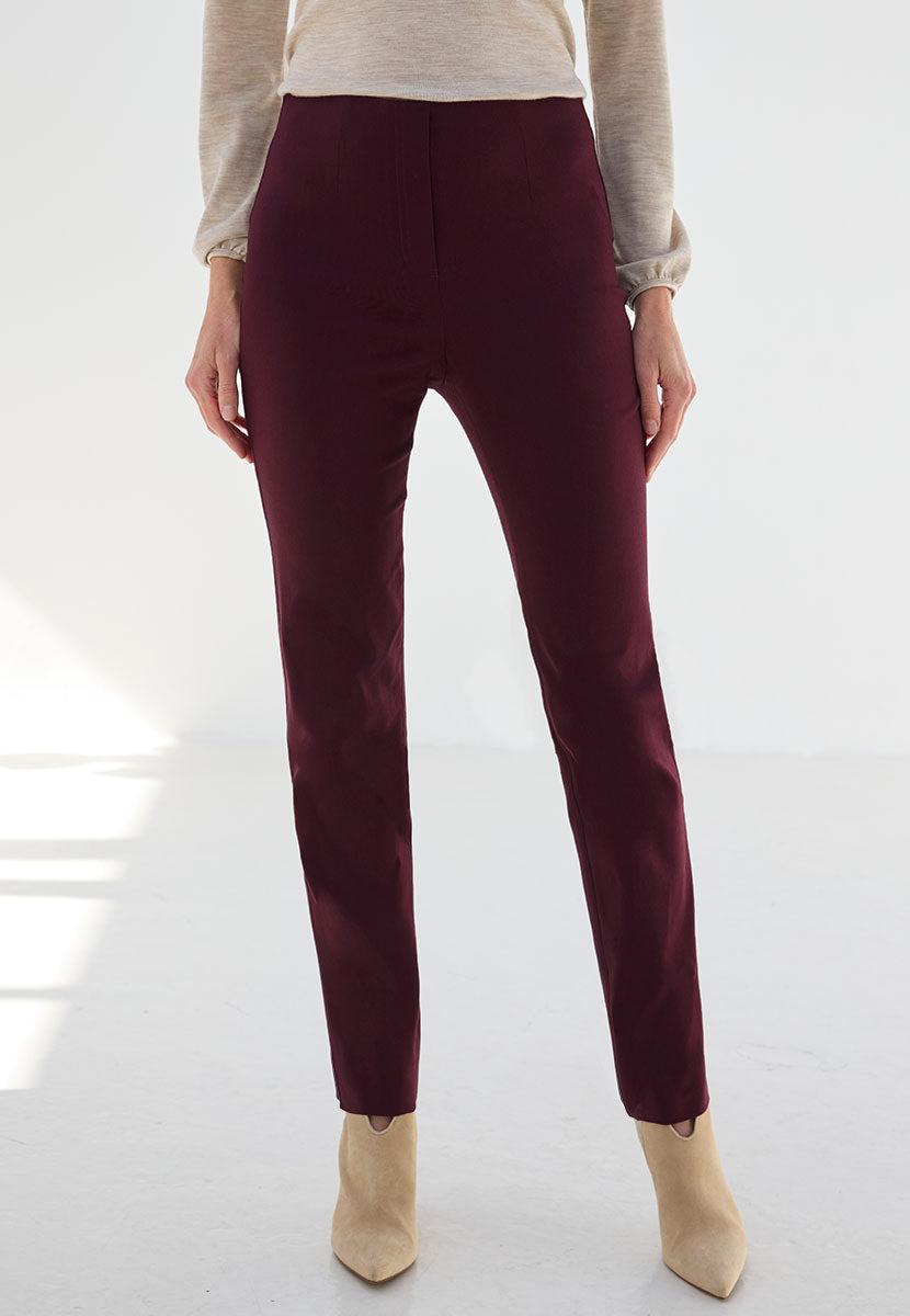 Chloe Easy Fit Slim Leg Trouser - Dark Berry Deep Red Stretch Waist 27 Inch Leg Faux Fly Stitch Detail Front Alt View