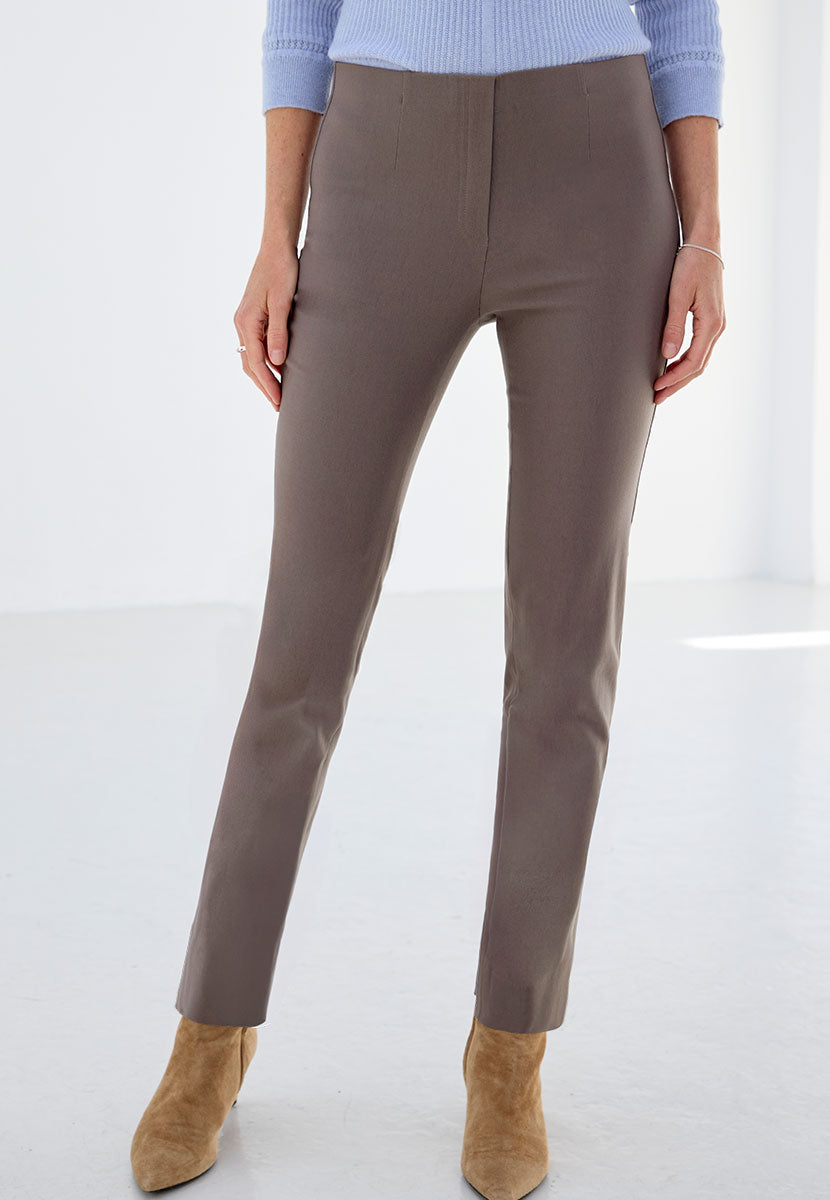 Chloe Easy Fit Slim Leg Trouser - Deep Stone Easy Pull on Style Hidden Stretch Waist Smooth Pocket Free Finish Front Alt View