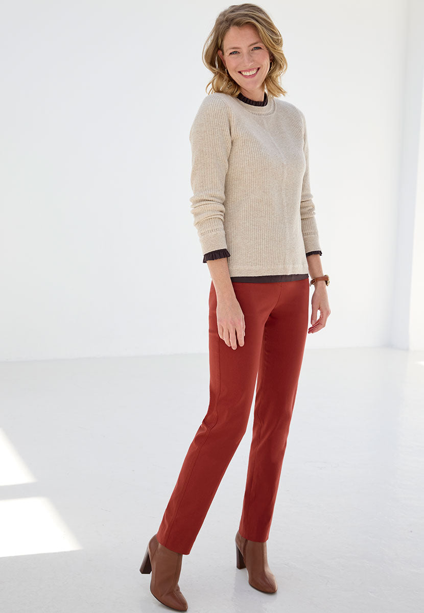 Chloe Easy Fit Slim Leg Trouser - Paprika Deep Orange Stretch Waist 27 Inch Leg Faux Fly Stitch Detail