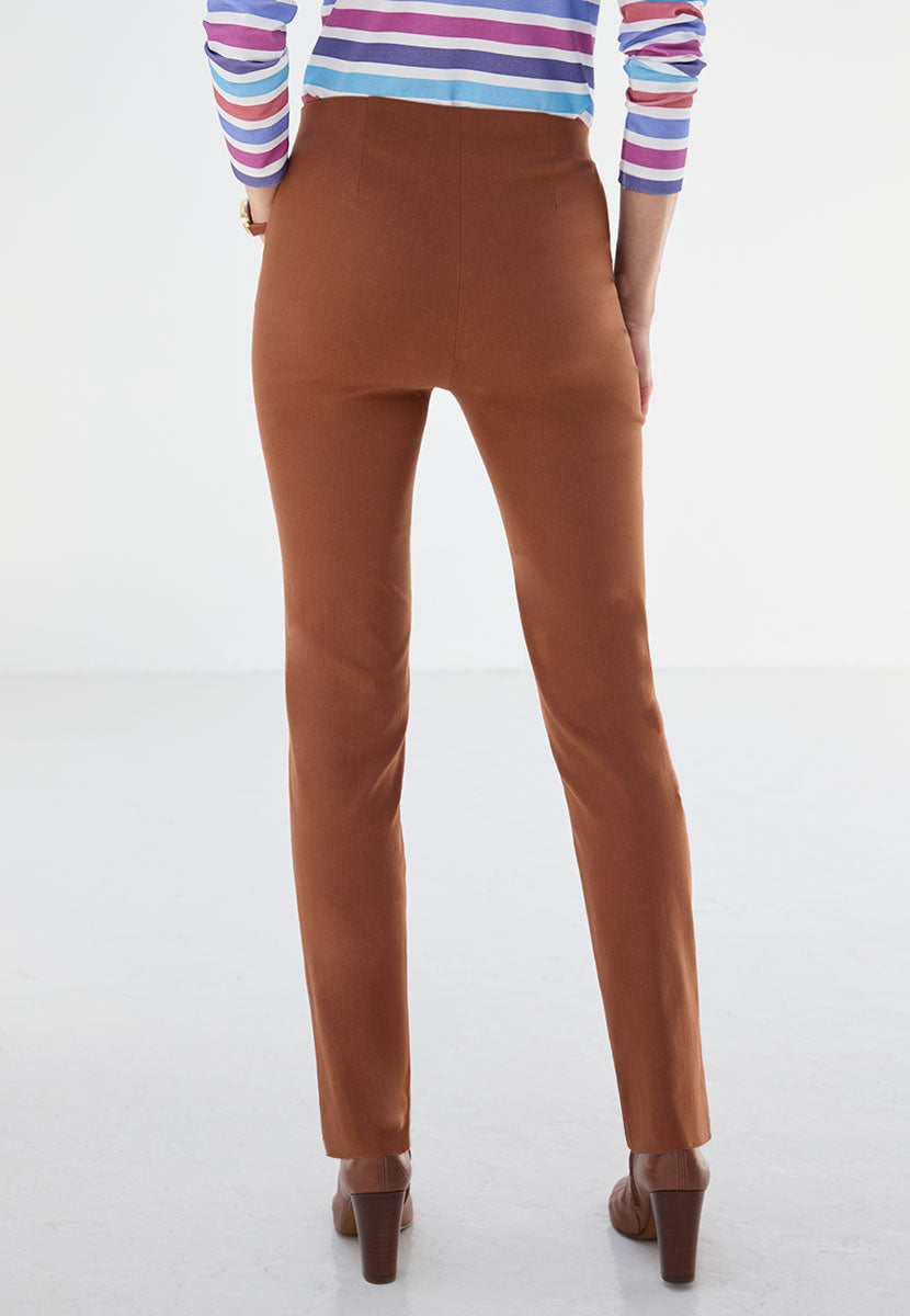 Chloe Easy Fit Slim Leg Trouser - Rich Amber Deep Orange Stretch Waist 27 Inch Leg Faux Fly Stitch Detail Back View