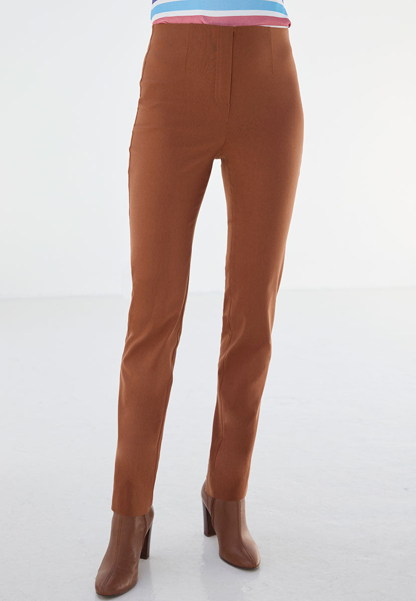 Chloe Easy Fit Slim Leg Trouser - Rich Amber Deep Orange Stretch Waist 27 Inch Leg Faux Fly Stitch Detail Front Alt View