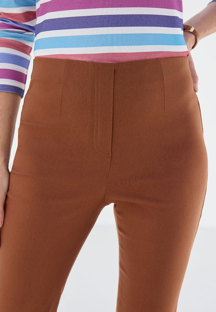 Chloe Easy Fit Slim Leg Trouser - Rich Amber Deep Orange Stretch Waist 27 Inch Leg Faux Fly Stitch Detail Front Detail View