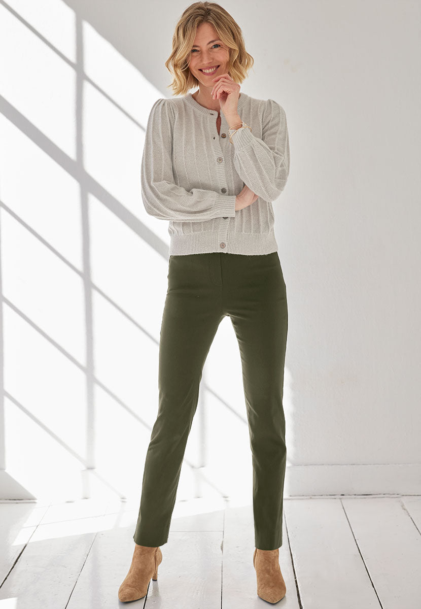 Chloe Easy Fit Slim Leg Trouser - Winter Khaki Front View with Avril Cardigan in Silver Grey