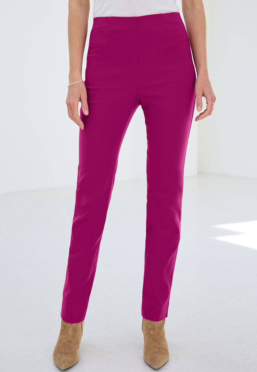 Chloe Fleece Lined Trouser 27 Inch Leg - Winter Raspberry Brushed Inside For Warmth Slim Leg Ankle Slits and Hidden Elasticated Waist front Alt View