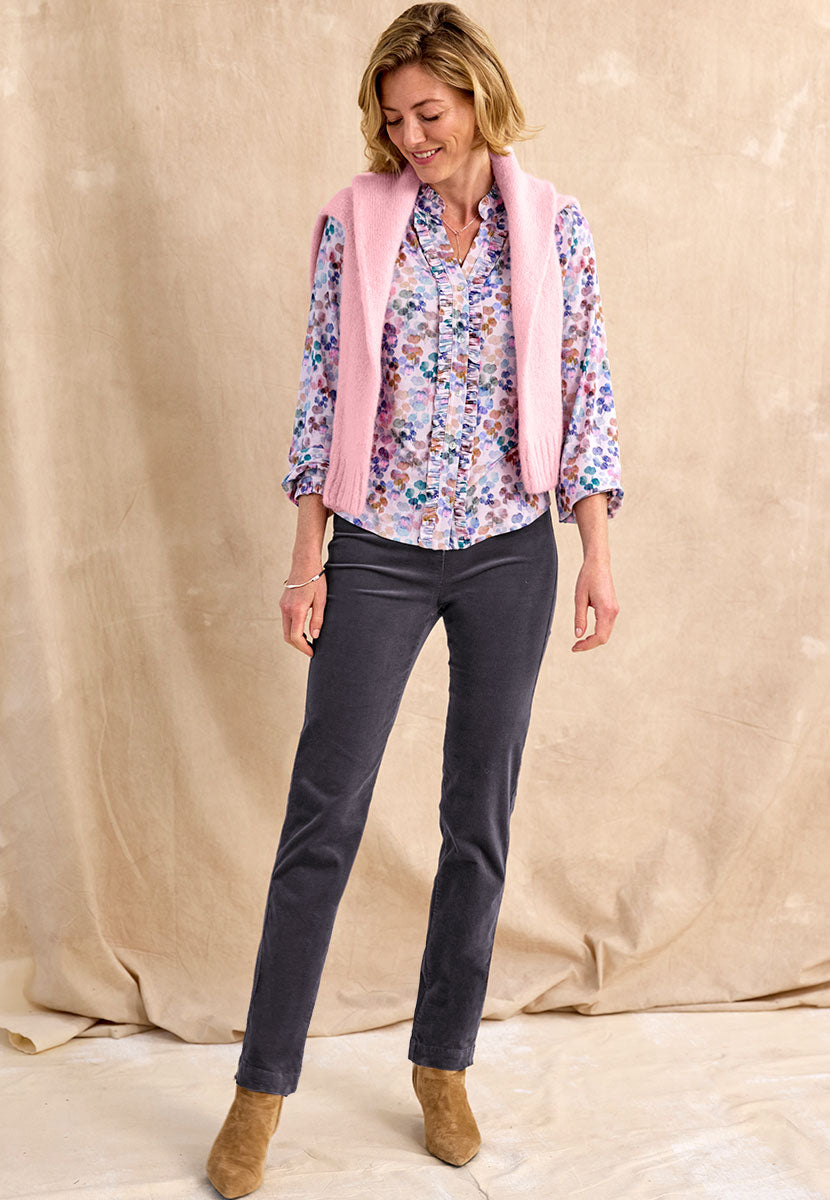 Claire Cord Trouser - Graphite Front View with Pale Pink Alessia Jumper