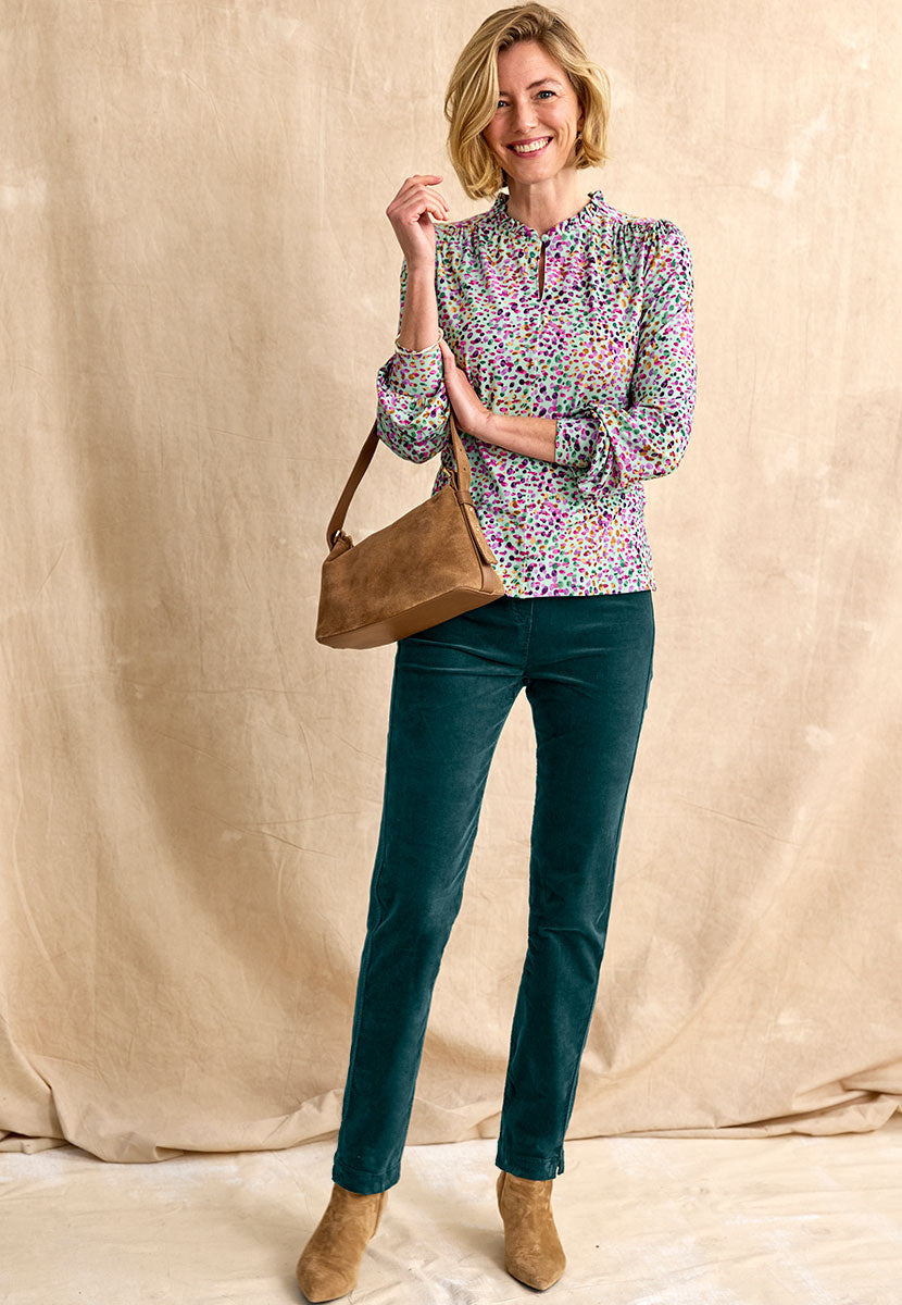 Claire Cord Trouser - Teal Front View with Bag Accessory