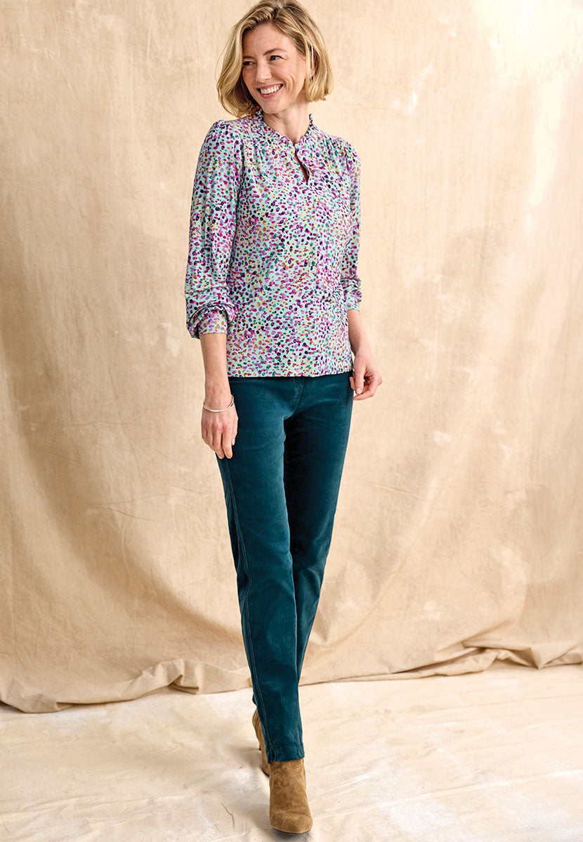 Claire Cord Trouser - Teal Front View with Fifi Blouse