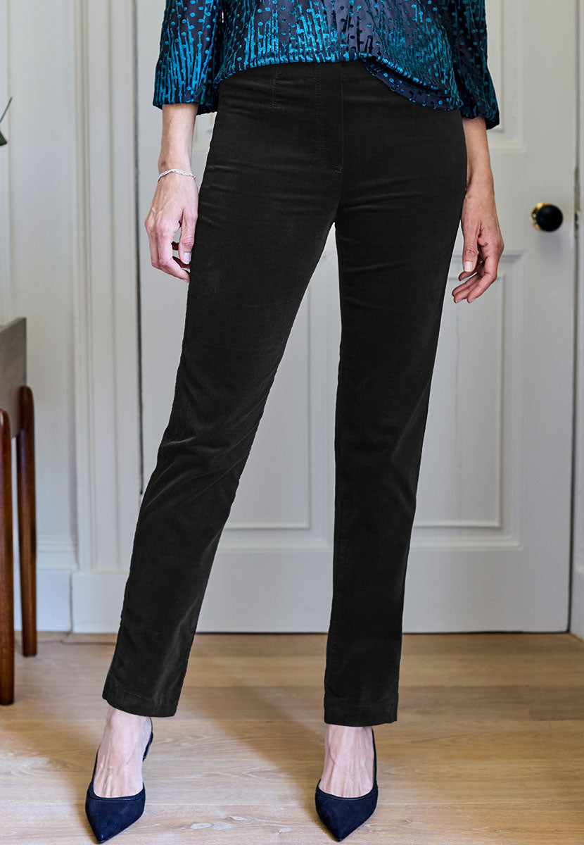 Claire Velvet Straight Leg Pull On Trouser - Black