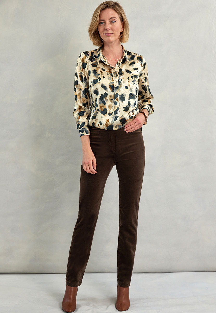 Claire Velvet Straight Leg Pull On Trouser - Chocolate Front View with Saskia Neutral Animal Satin Shirt