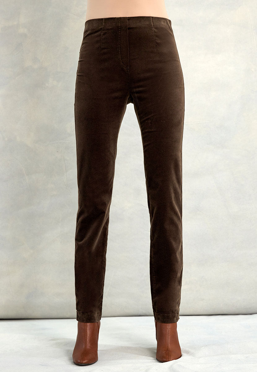 Claire Velvet Straight Leg Pull On Trouser - Chocolate Front Alt View