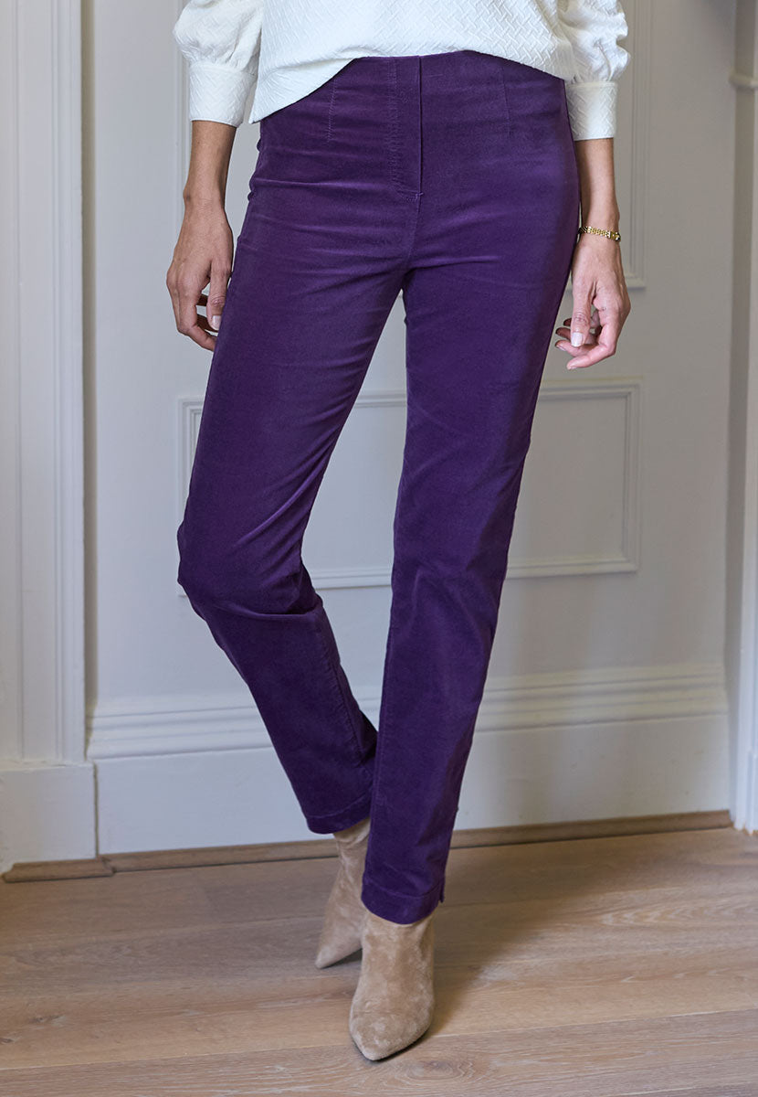 Claire Velvet Straight Leg Pull On Trouser - Deep Mulberry