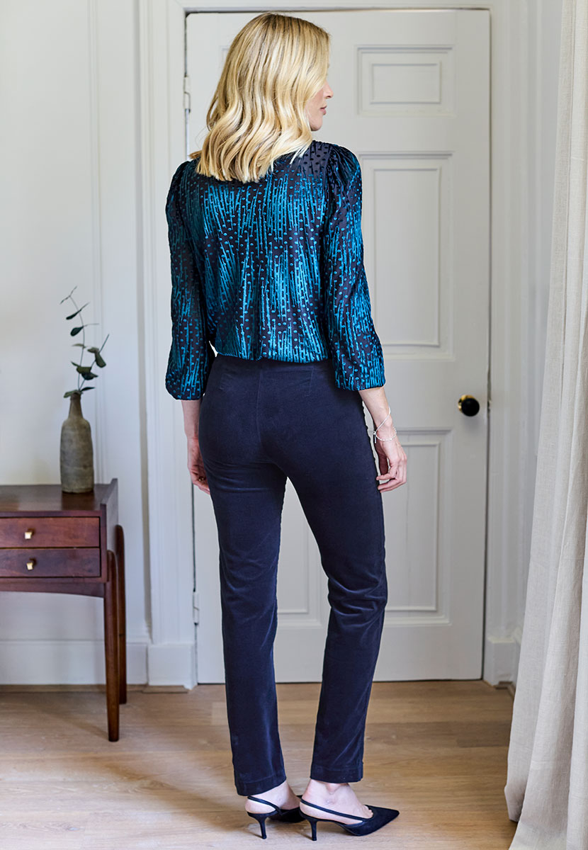 Claire Velvet Straight Leg Pull On Trouser - Navy