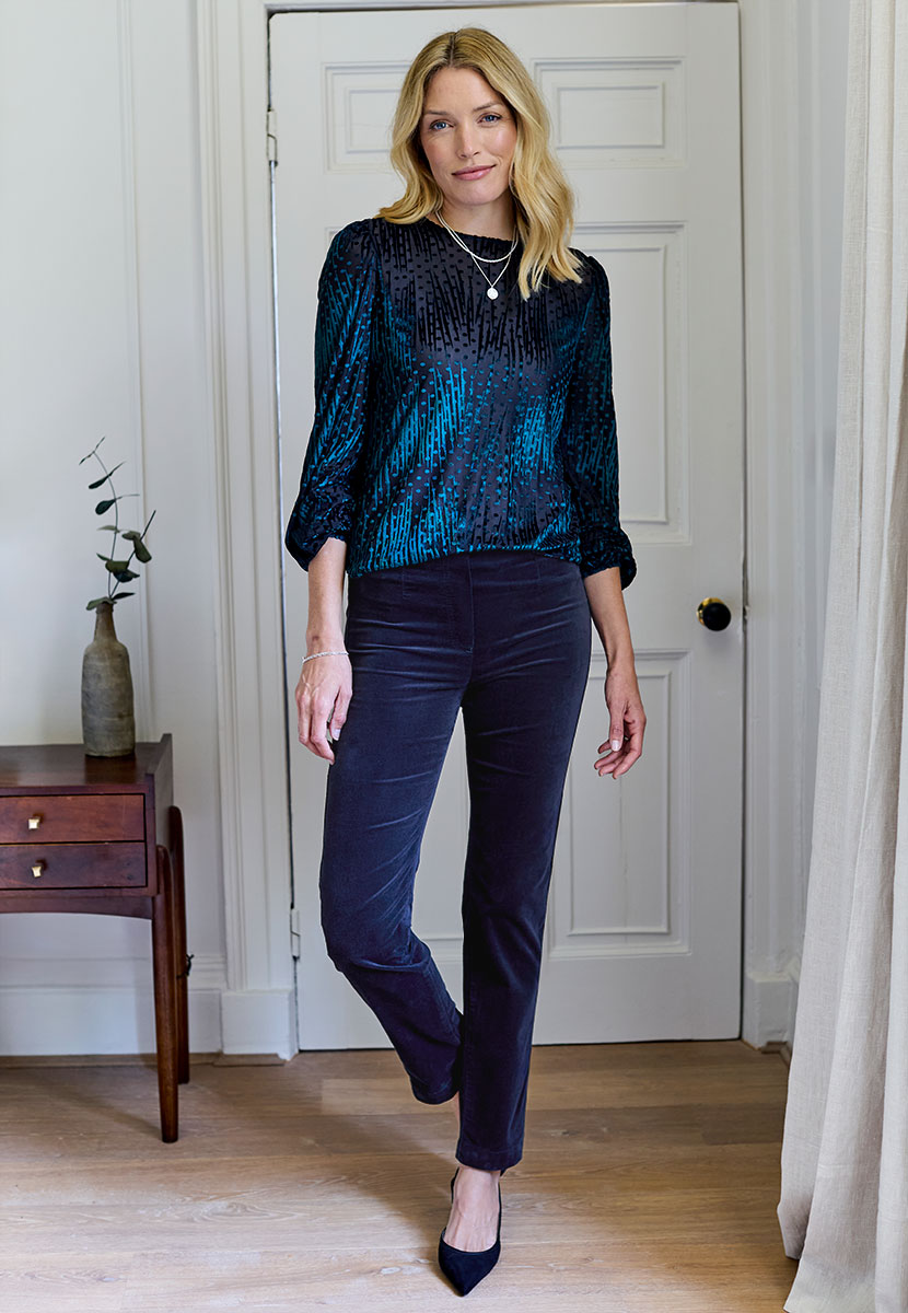 Claire Velvet Straight Leg Pull On Trouser - Navy
