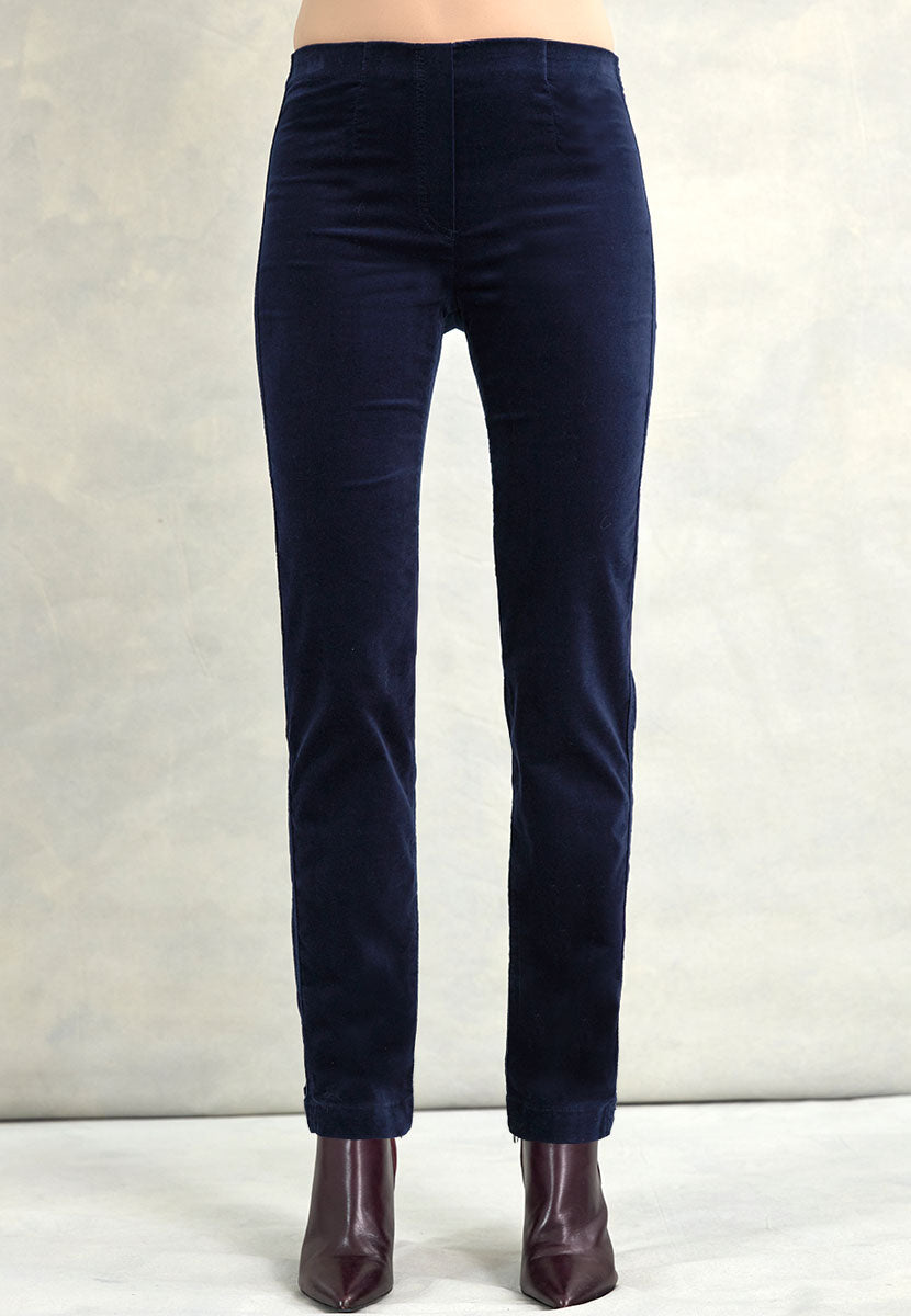 Claire Velvet Straight Leg Pull On Trouser - Navy Front Alt View
