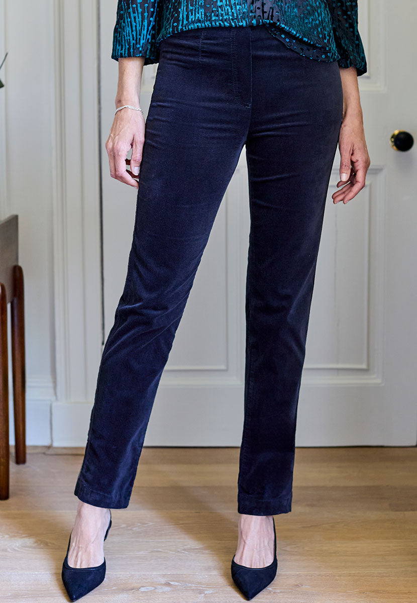 Claire Velvet Straight Leg Pull On Trouser - Navy