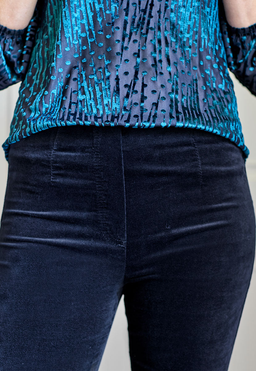 Claire Velvet Straight Leg Pull On Trouser - Navy
