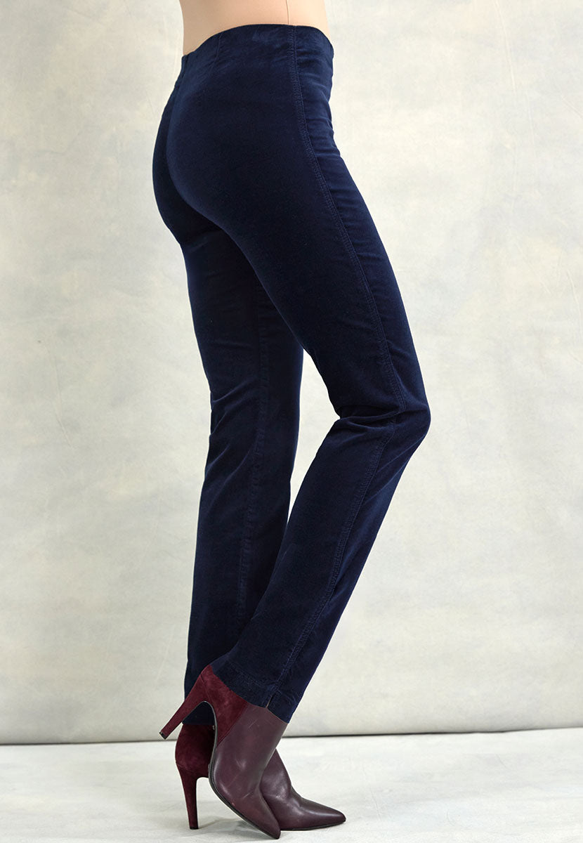 Claire Velvet Straight Leg Pull On Trouser - Navy Side View
