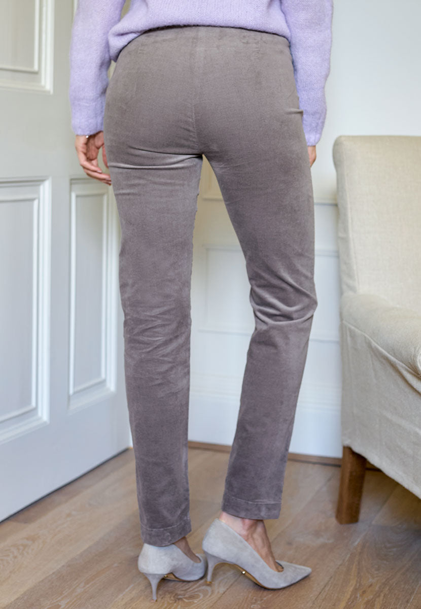 Claire Velvet Straight Leg Pull On Trouser - Oyster Grey