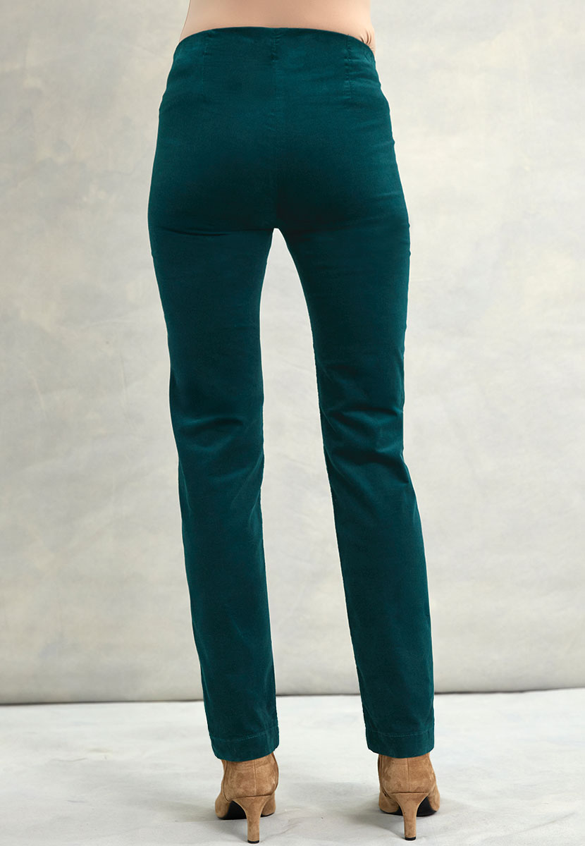 Claire Velvet Trousers 27 Inch Leg - Teal Plush Stretchy Velvet Clean Cut Ankle Slitswith Hidden Elastic Waistband Shape-Retaining Quality Back View