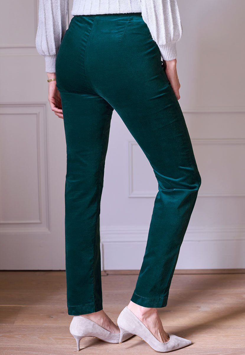 Claire Velvet Trousers 27 Inch Leg - Teal Plush Stretchy Velvet Clean Cut Ankle Slitswith Hidden Elastic Waistband Shape-Retaining Quality Back View