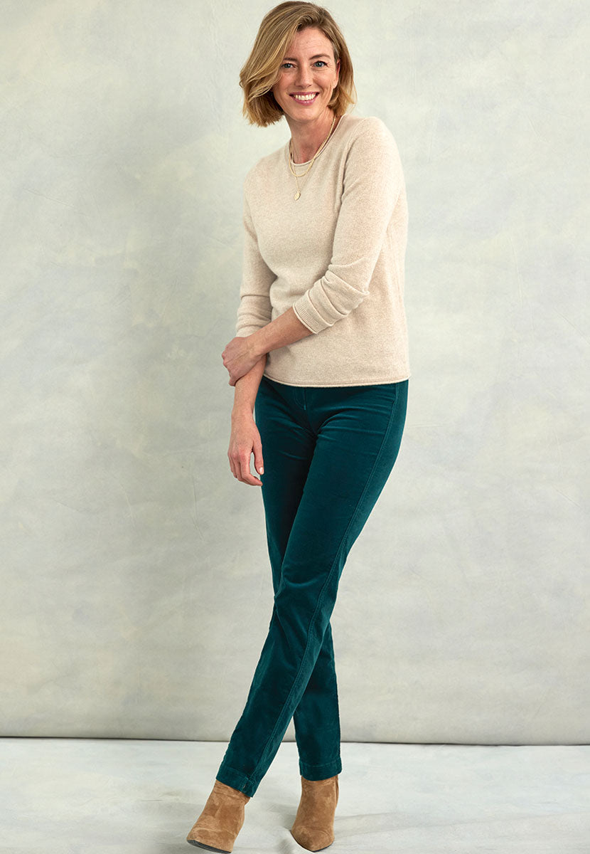 Claire Velvet Trousers 27 Inch Leg - Teal Plush Stretchy Velvet Clean Cut Ankle Slitswith Hidden Elastic Waistband Shape-Retaining Quality Front View
