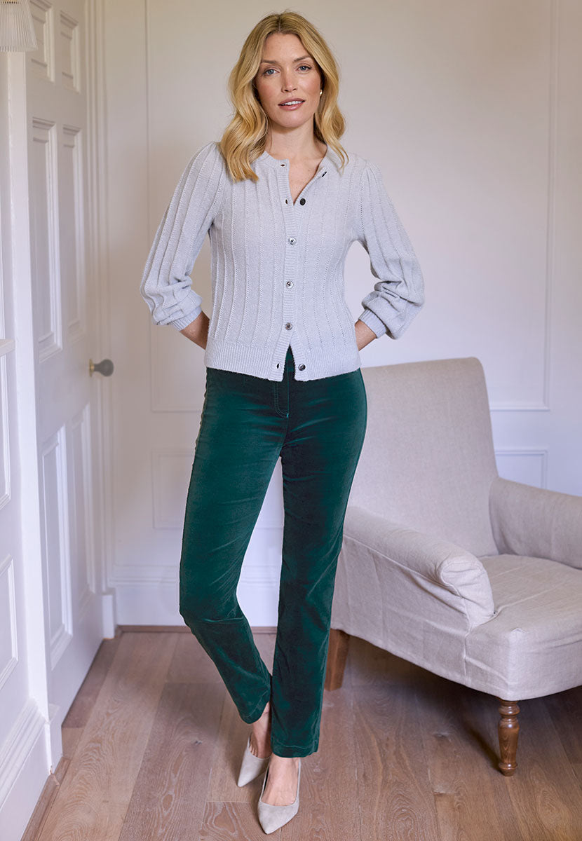 Claire Velvet Trousers 27 Inch Leg - Teal Plush Stretchy Velvet Clean Cut Ankle Slitswith Hidden Elastic Waistband Shape-Retaining Quality