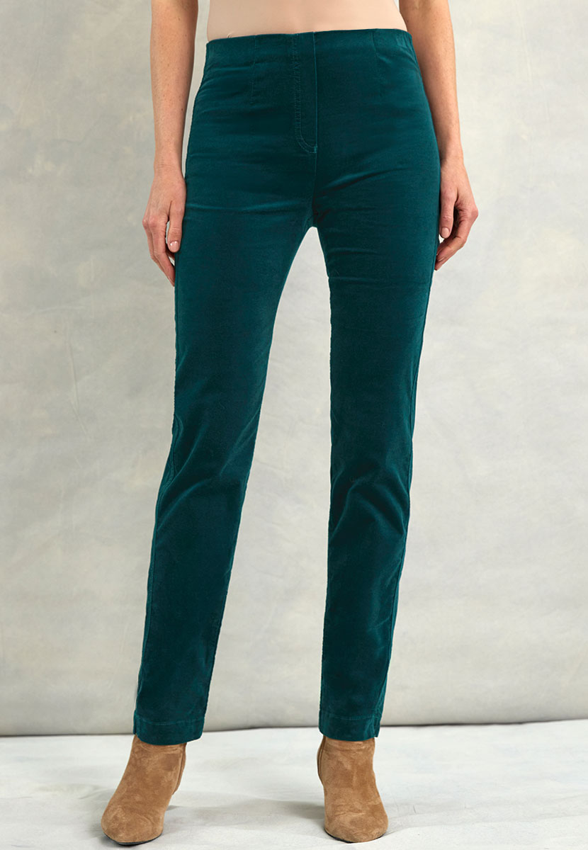 Claire Velvet Trousers 27 Inch Leg - Teal Plush Stretchy Velvet Clean Cut Ankle Slitswith Hidden Elastic Waistband Shape-Retaining Quality Front Alt View