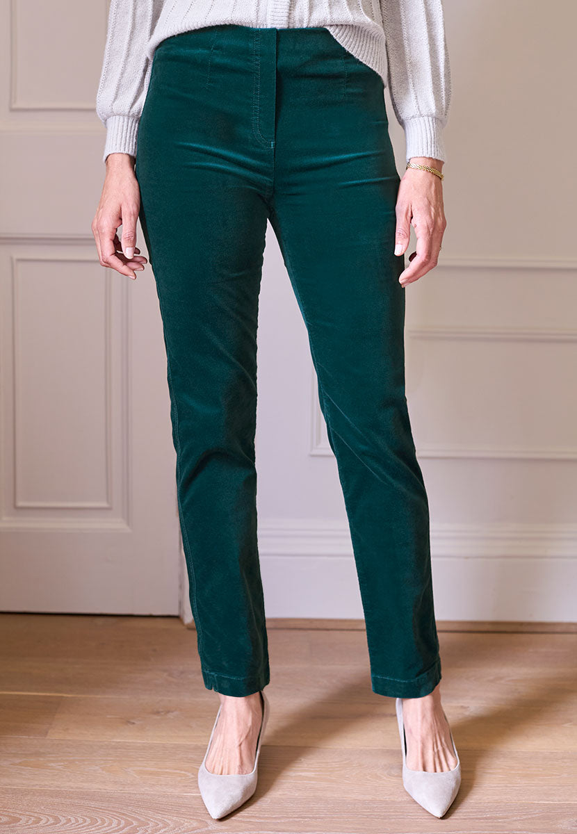 Claire Velvet Trousers 27 Inch Leg - Teal Plush Stretchy Velvet Clean Cut Ankle Slitswith Hidden Elastic Waistband Shape-Retaining Quality Front Alt View