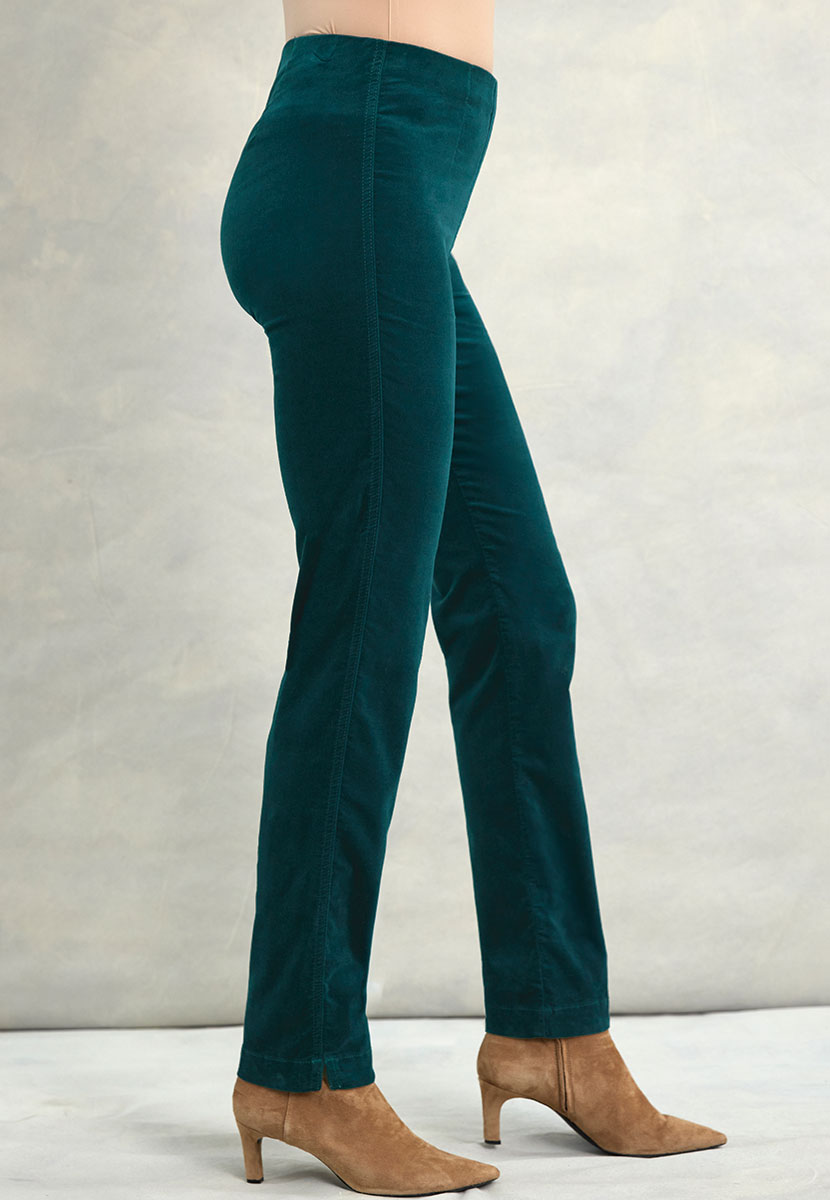 Claire Velvet Trousers 27 Inch Leg - Teal Plush Stretchy Velvet Clean Cut Ankle Slitswith Hidden Elastic Waistband Shape-Retaining Quality Side View