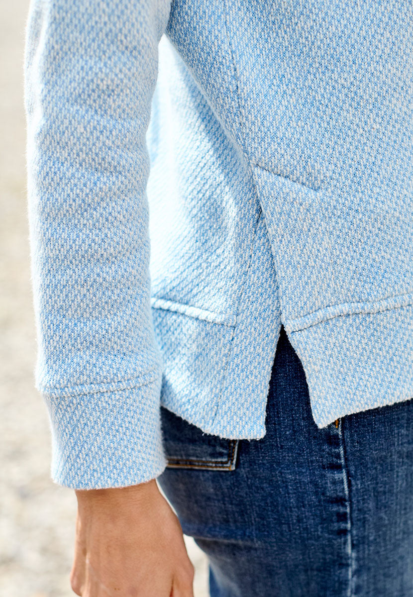 Clara Raglan Sleeve Cosy Sweatshirt - Cornflower Blue Light Blue Textured Outside Brushed Inside Cosy Button-Neck Relaxed Style Jersey with Raglan Sleeves Detail View