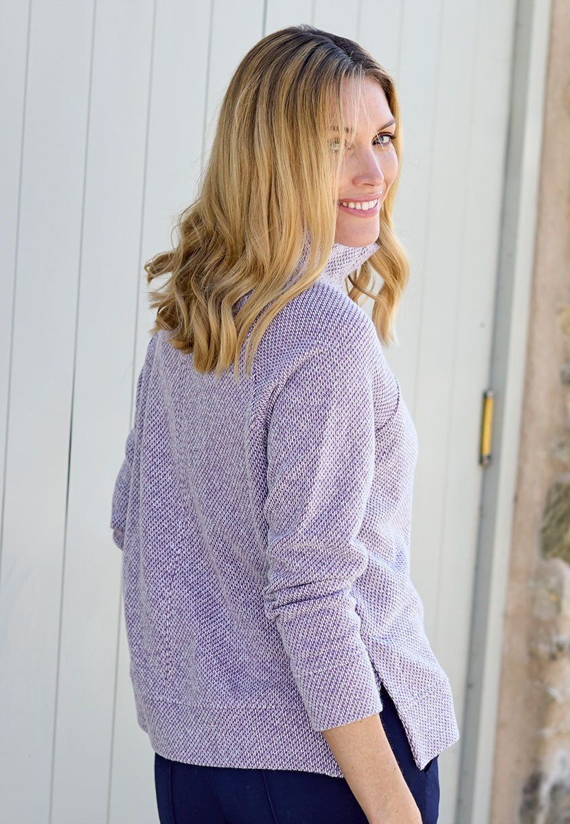 Clara Raglan Sleeve Cosy Sweatshirt - Winter Heather Light Purple Textured Outside Brushed Inside Cosy Button-Neck Relaxed Style Jersey with Raglan Sleeves Back View