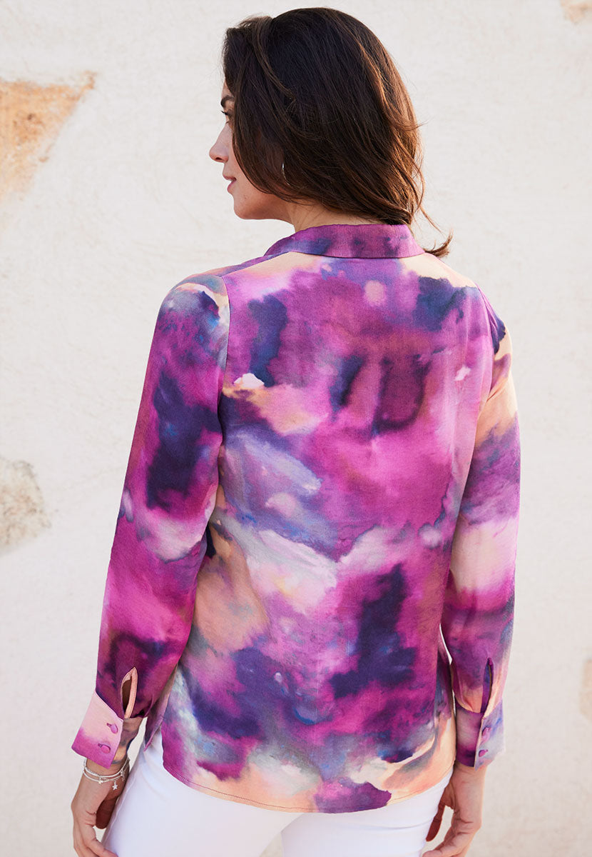 Claudia Satin V-Neck Long Sleeve Shirt - Morella Print Collared Neck Side Split Detail and Functional Cuffs Back View