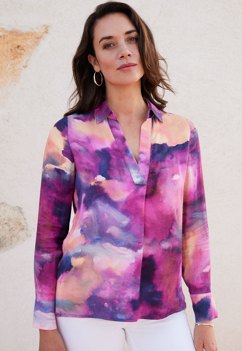 Claudia Satin V-Neck Long Sleeve Shirt - Morella Print Collared Neck Side Split Detail and Functional Cuffs Front Alt
