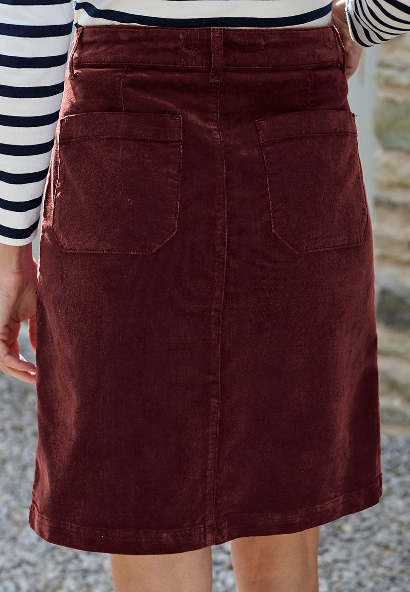 Coco Corduroy Skirt - Deep Berry Timeless A-Line Shape Patch Pocket Detail Needlecord Fabric with Velvety Finish Zip Fly and Belt Loops Back View