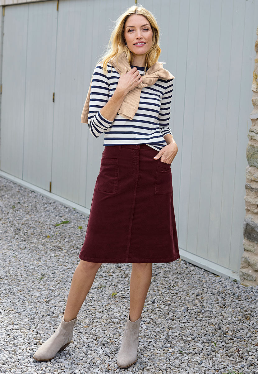Coco Corduroy Skirt - Deep Berry Timeless A-Line Shape Patch Pocket Detail Needlecord Fabric with Velvety Finish Zip Fly and Belt Loops