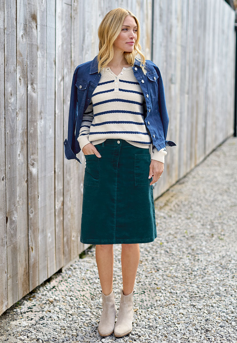 Coco Corduroy Skirt - Teal Timeless A-Line Shape Patch Pocket Detail Needlecord Fabric with Velvety Finish Zip Fly and Belt Loops