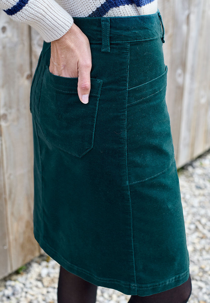Coco Corduroy Skirt - Teal Timeless A-Line Shape Patch Pocket Detail Needlecord Fabric with Velvety Finish Zip Fly and Belt Loops Side View