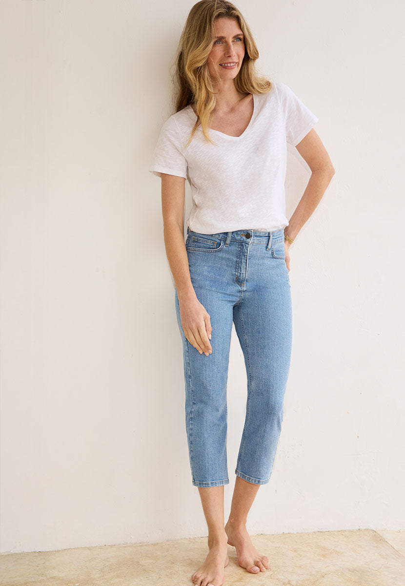Connie Cropped Jean - Light Denim Light Blue Slim Stretch Denim High Rise Five Pocket