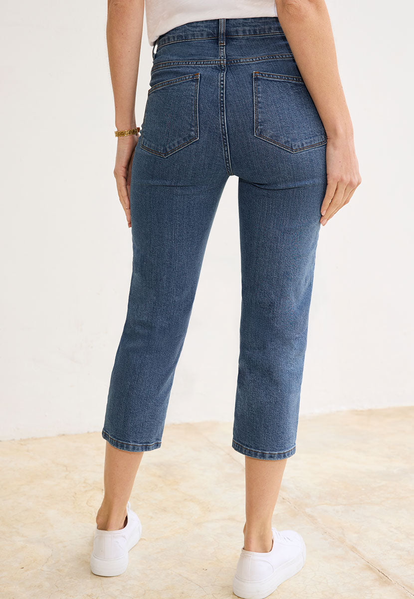 Connie Cropped Jean - Mid Denim Dark Blue Slim Stretch Denim High Rise Five Pocket Back View
