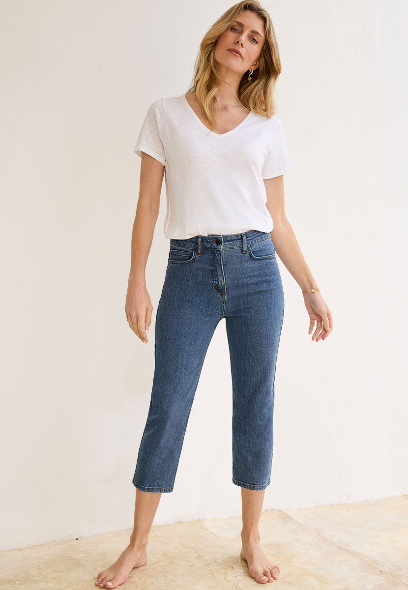Connie Cropped Jean - Mid Denim Dark Blue Slim Stretch Denim High Rise Five Pocket