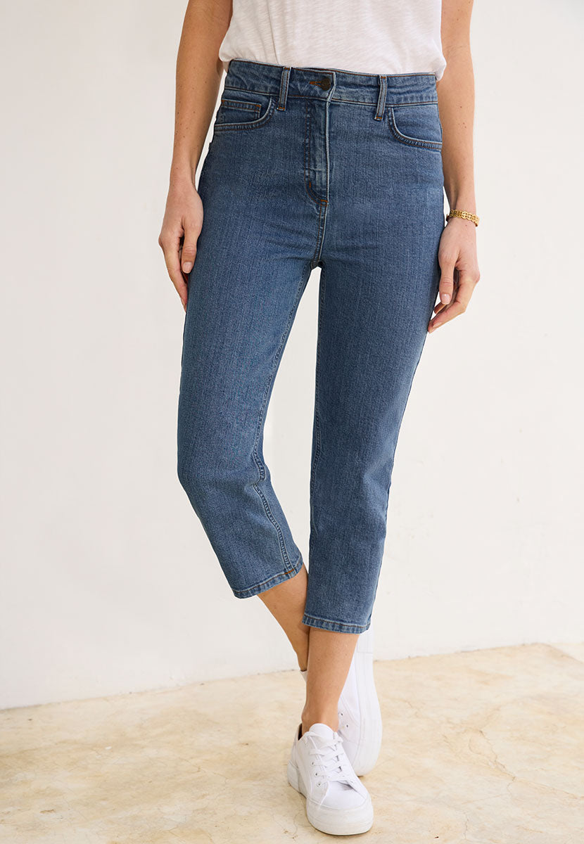 Connie Cropped Jean - Mid Denim Dark Blue Slim Stretch Denim High Rise Five Pocket Front Alt View