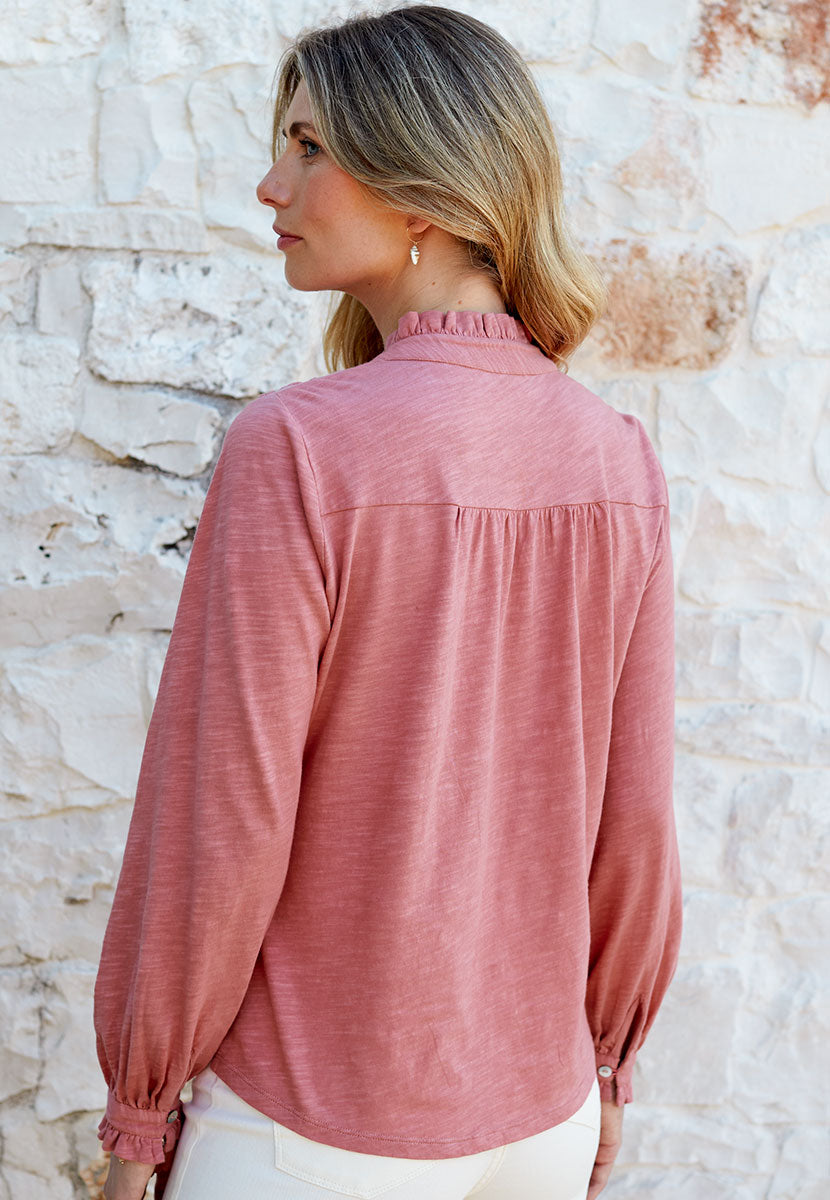 Cornelli Jersey Long Sleeve Blouse - Warm Blossom Button Through Pure Cotton Relaxed Shape Frill Trim Cuff with Buttons Back