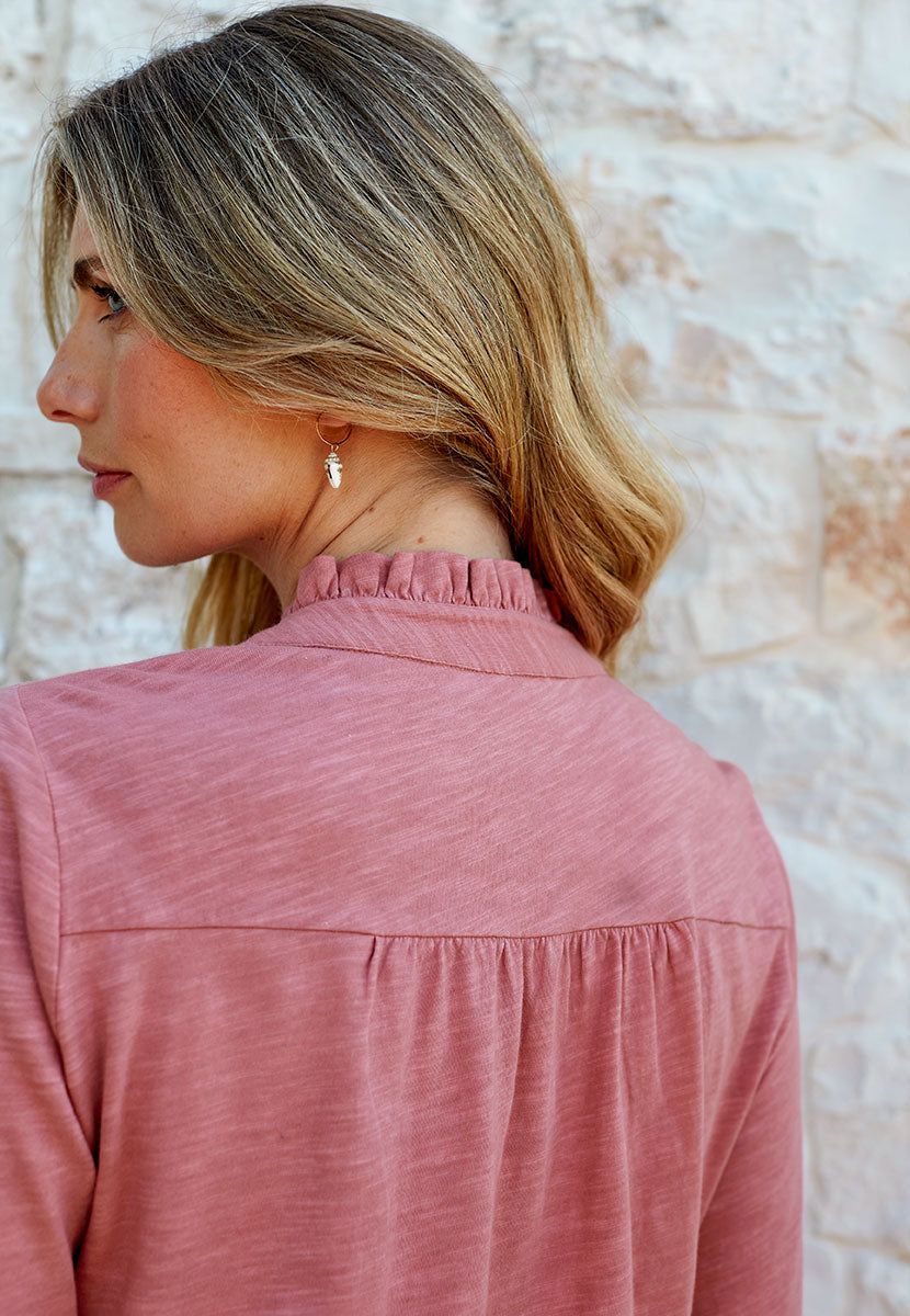 Cornelli Jersey Long Sleeve Blouse - Warm Blossom Button Through Pure Cotton Relaxed Shape Frill Trim Cuff with Buttons Detail