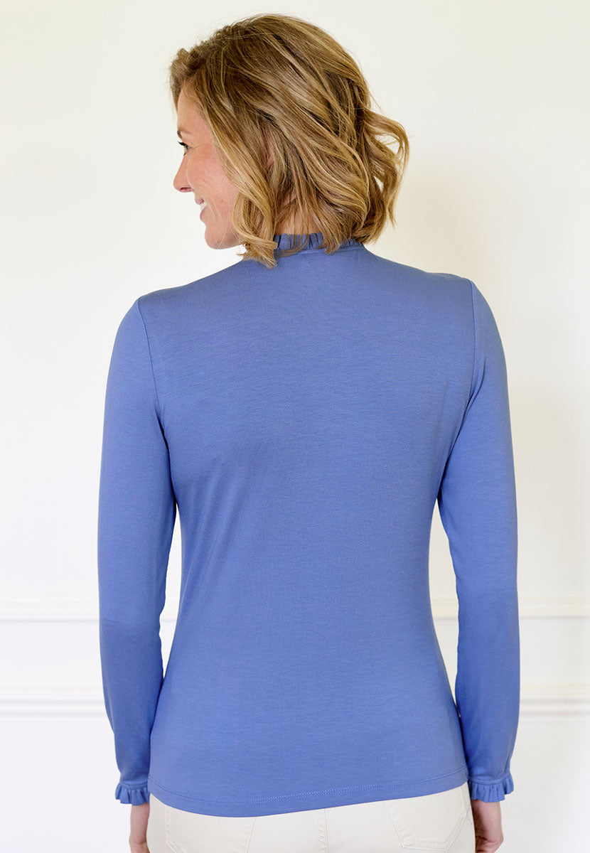 Bobbi Long Sleeve Frill Top - Cornflower Soft Stretchy Jersey Perfect Layering Piece Frill Neck and Cuffs Back View