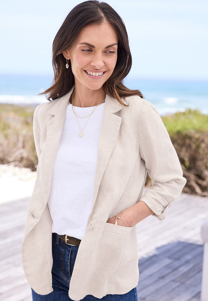 Courtney 3/4 Sleeve Relaxed Linen - Natural Front Alt View