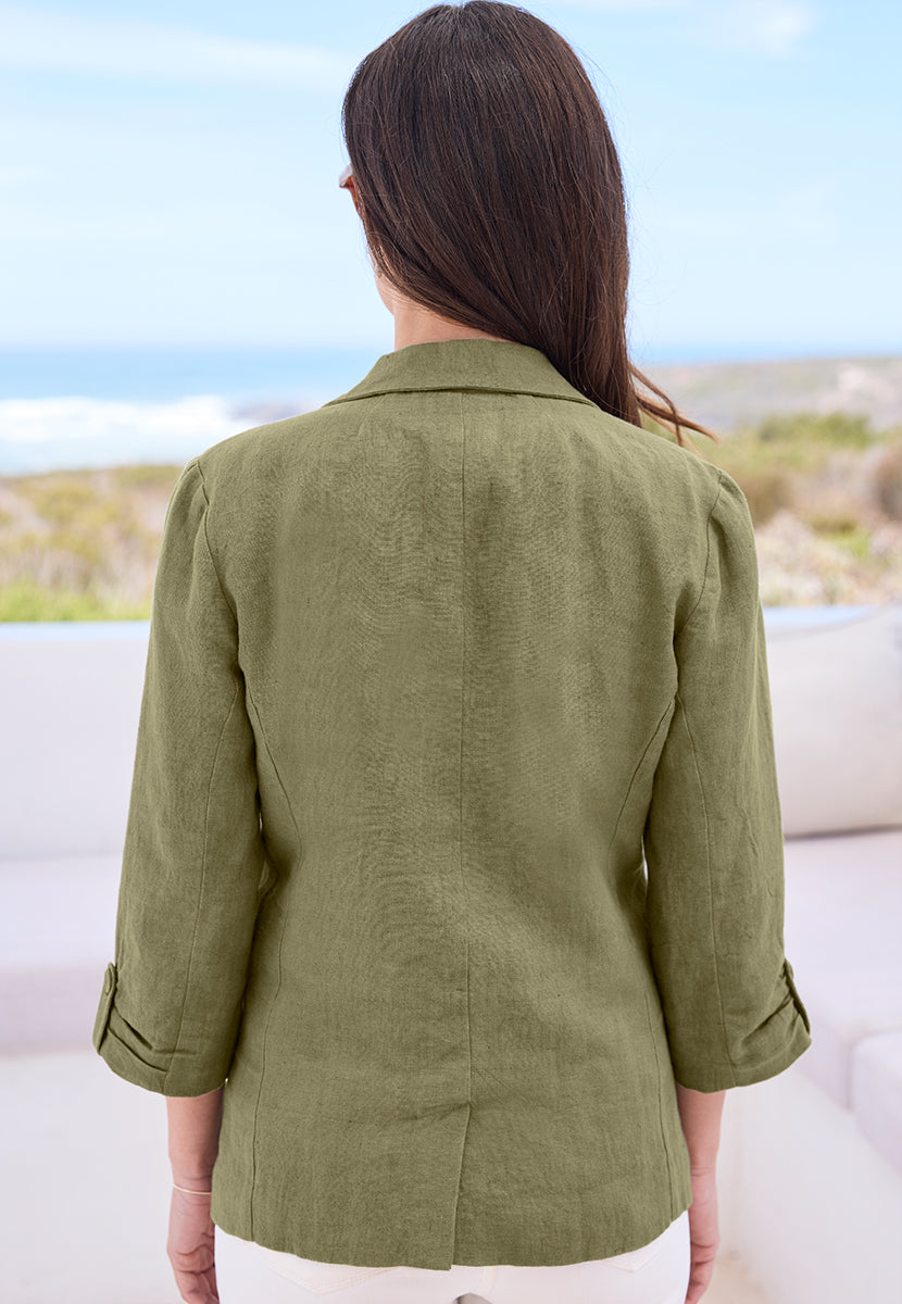 Courtney 3/4 Sleeve Relaxed Linen - Rich Olive Back View