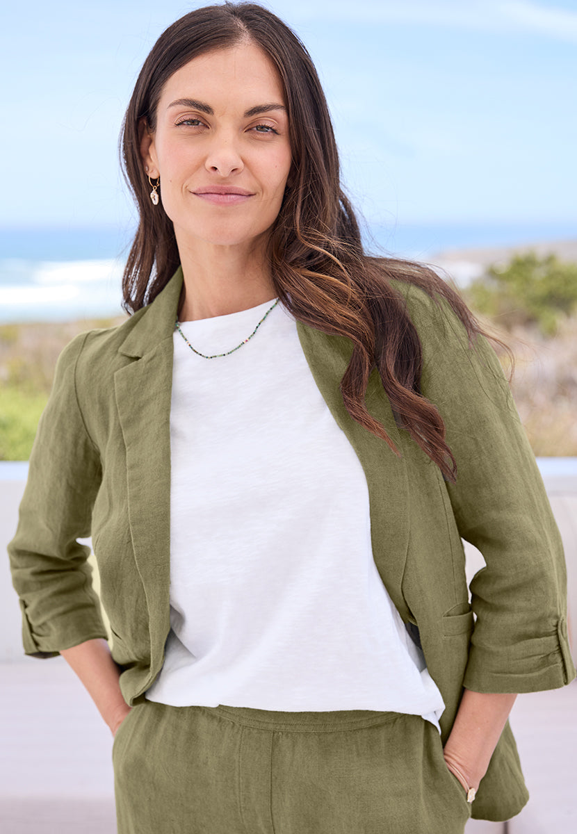 Courtney 3/4 Sleeve Relaxed Linen - Rich Olive Front Alt 2 View