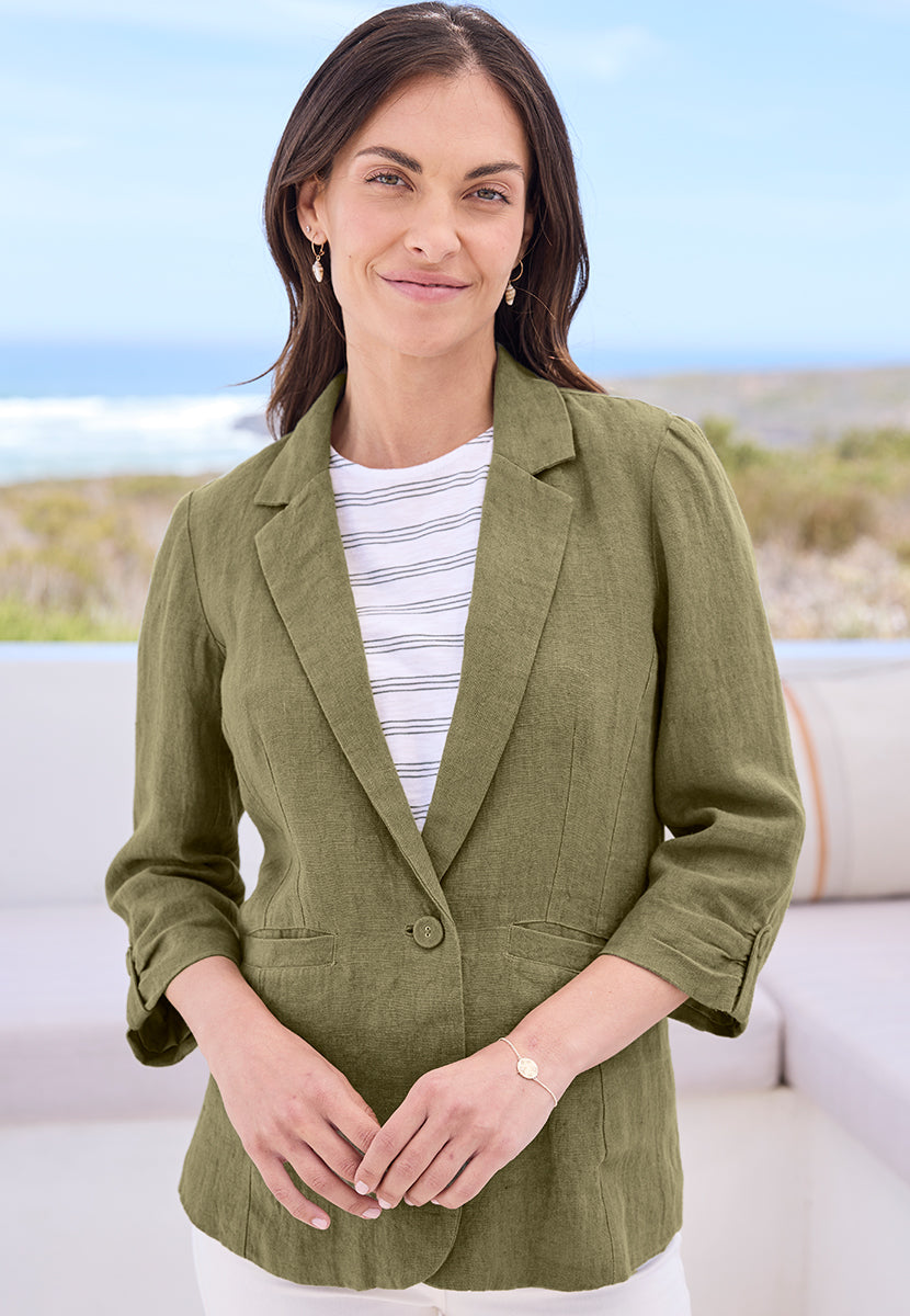 Courtney 3/4 Sleeve Relaxed Linen - Rich Olive Front Alt View