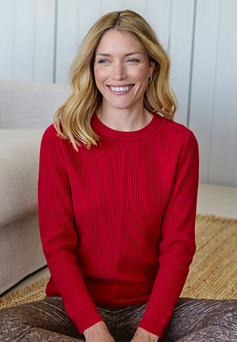 Cressida Lambswool Jumper - Crimson Casual Knit Luxurious Softness Crafted with Italian Yarn for Lasting Quality Pretty Neck and Cuff Detail